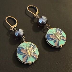 HAND CRAFTED BUTTERFLY PIERCED EARRINGS Green  Steel Blue  Bronze